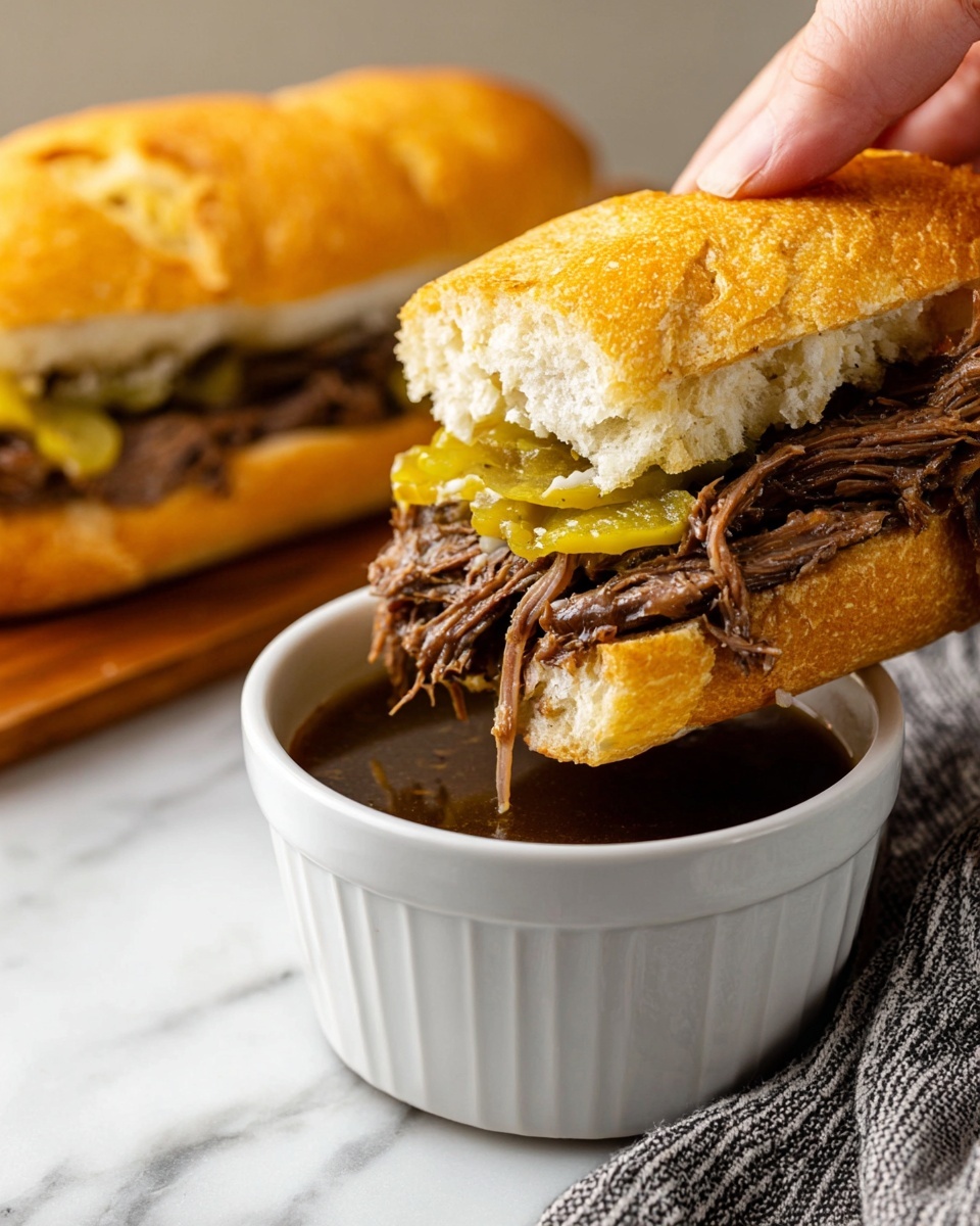 A close-up view of a sandwich being dipped into a white ramekin filled with dark brown broth. The sandwich has three layers: a top toasted golden brown bun with a slightly rough texture, in the middle a layer of sliced light yellow cheese and several green pepperpeccinis, and at the bottom a thick layer of shredded dark brown meat. The sandwich is held by a woman's hand, showing the inside ingredients clearly. In the background, another sandwich sits on a white plate, both placed on a white marbled surface with a blurred striped cloth adding texture behind. Photo taken with an iphone --ar 4:5 --v 7
