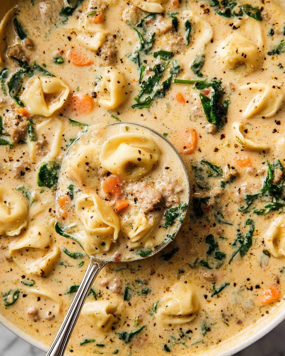 The image shows a close-up of a creamy soup with three main layers visible. The first layer is a thick, light beige broth with a smooth texture and small specks of black pepper spread throughout. The second layer contains small, soft tortellini pasta, which are pale yellow with ruffled edges floating partly submerged in the broth. The third layer has bits of cooked spinach, bright green and slightly wilted, along with small pieces of cooked sausage that are brown and crumbly, and small diced orange carrots scattered evenly. A silver ladle is scooping a portion of the soup, holding a mix of all these elements. The background is a white marbled surface. photo taken with an iphone --ar 4:5 --v 7