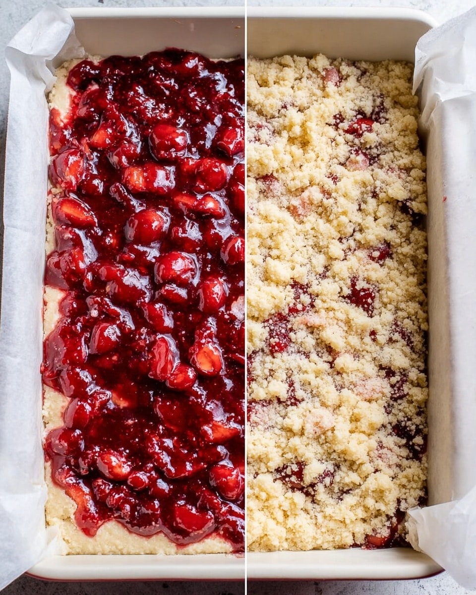 The image shows a rectangular dessert in a white dish lined with parchment paper, divided into two parts. On the left, there is a first layer of pale dough topped with a thick layer of bright red, glossy fruit pieces that look like cooked cherries scattered unevenly but fully covering the dough. On the right, the same dish is shown with a thick, crumbly topping layer in light yellow-beige sprinkled over the fruit layer, giving a rough and uneven texture. The white marbled surface is visible around the dish edges. Photo taken with an iphone --ar 4:5 --v 7