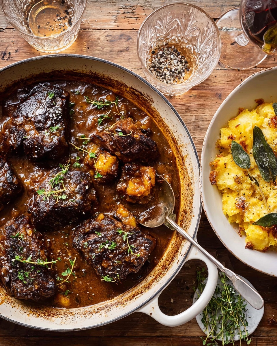 Cider Braised Pot Roast with Crispy Sage Potatoes Recipe 4 The image shows a white cast iron pan filled with three dark brown seared steaks with a crispy crust, resting in a rich brown sauce with some fresh green herbs scattered on top. Next to the pan is a white bowl holding golden-yellow smashed potatoes with crispy edges and bits of browned sage leaves on top. A silver fork is lifting a portion of the potatoes. The background is a warm wooden surface with a small white dish of fresh thyme leaves and two clear glasses containing salt and pepper. The photo taken with an iphone --ar 4:5 --v 7