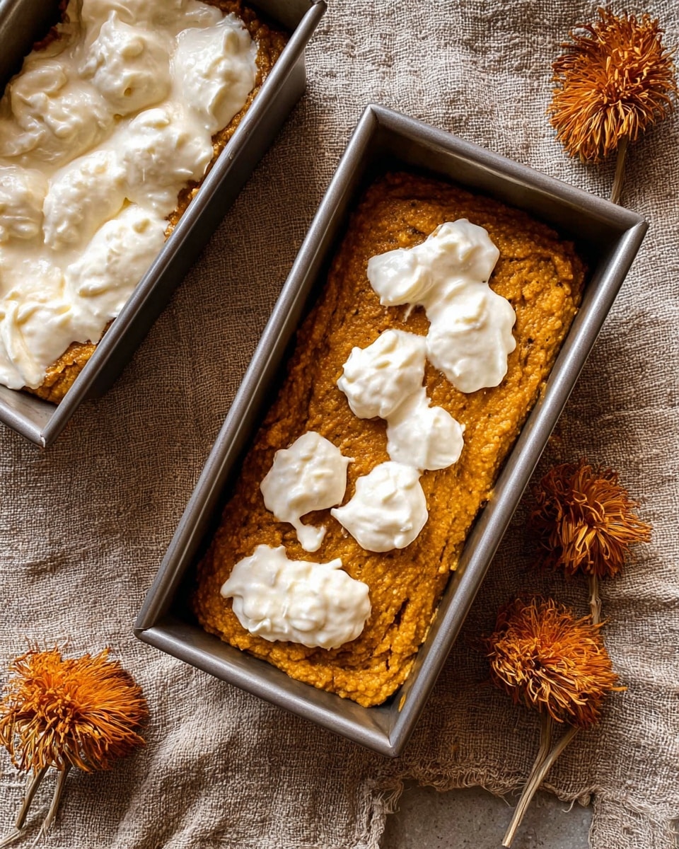 The image shows a metal rectangular baking pan with one layer of orange pumpkin batter inside. On top of the batter, there are several uneven dollops of white cream spread across the surface. To the left, there is a partial view of another metal pan filled with the same pumpkin batter and white cream dollops. The pans are placed on a textured beige-brown fabric surface, with dried orange flowers resting nearby. The overall look is cozy and autumn-themed. Photo taken with an iphone --ar 4:5 --v 7