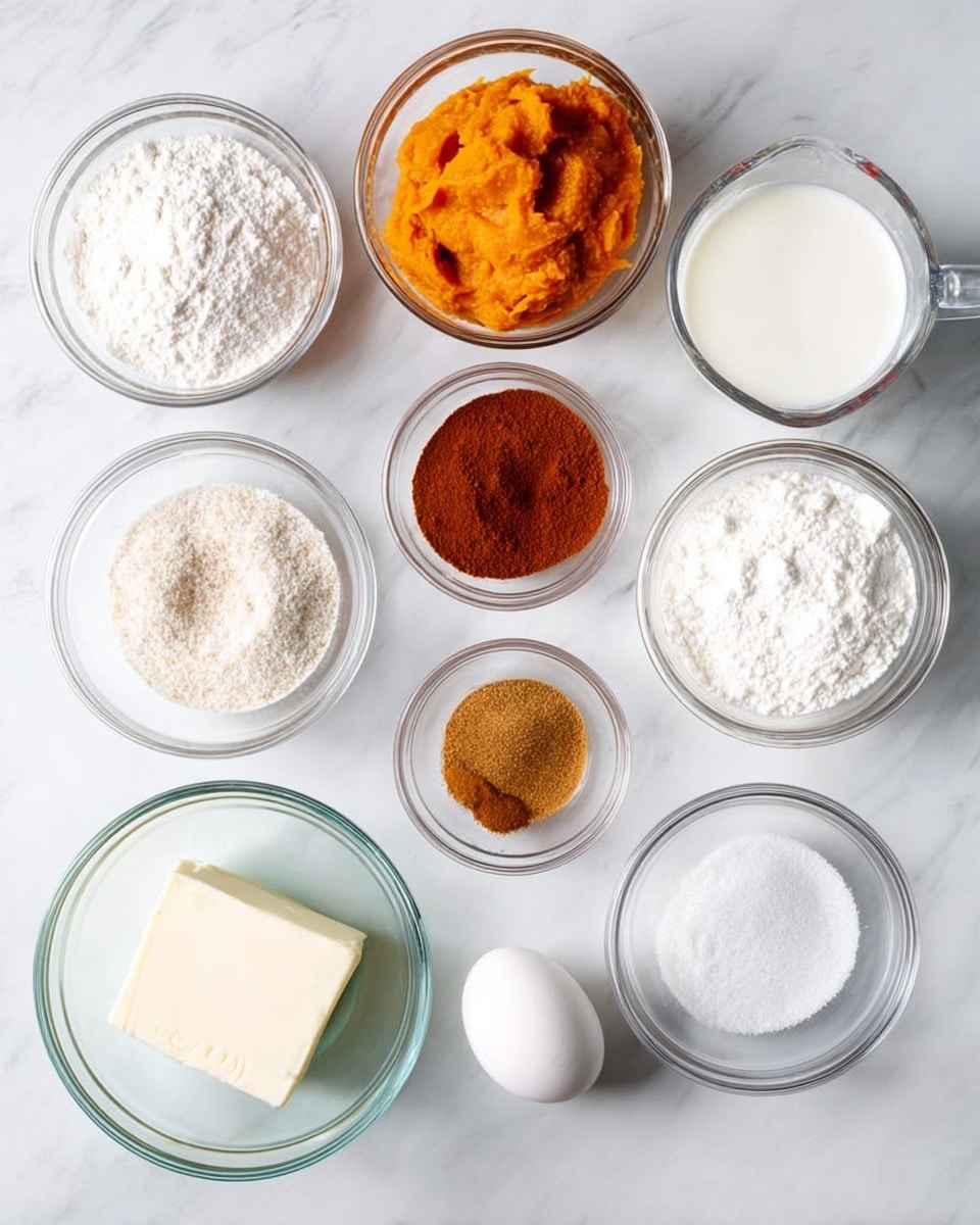 Nine glass round bowls and one glass measuring cup are placed on a white marbled surface, arranged in a three row by three column grid with one cup below the grid. The top row has three bowls: the left one holds white flour with a soft, powdery texture, the middle has an orange pumpkin puree with a smooth, thick texture, and the right has a glass measuring cup filled with white milk. The middle row has four small bowls: the far left has a brown powder (cinnamon) with a fine texture, the next bowl holds white granulated salt, the next to right contains light brown sugar granules, and the far right has white baking powder with a powdery look. Below the grid, a glass measuring cup contains a white square of butter with a smooth texture on top of clear liquid, and next to it lies a single white egg. Photo taken with an iphone --ar 4:5 --v 7