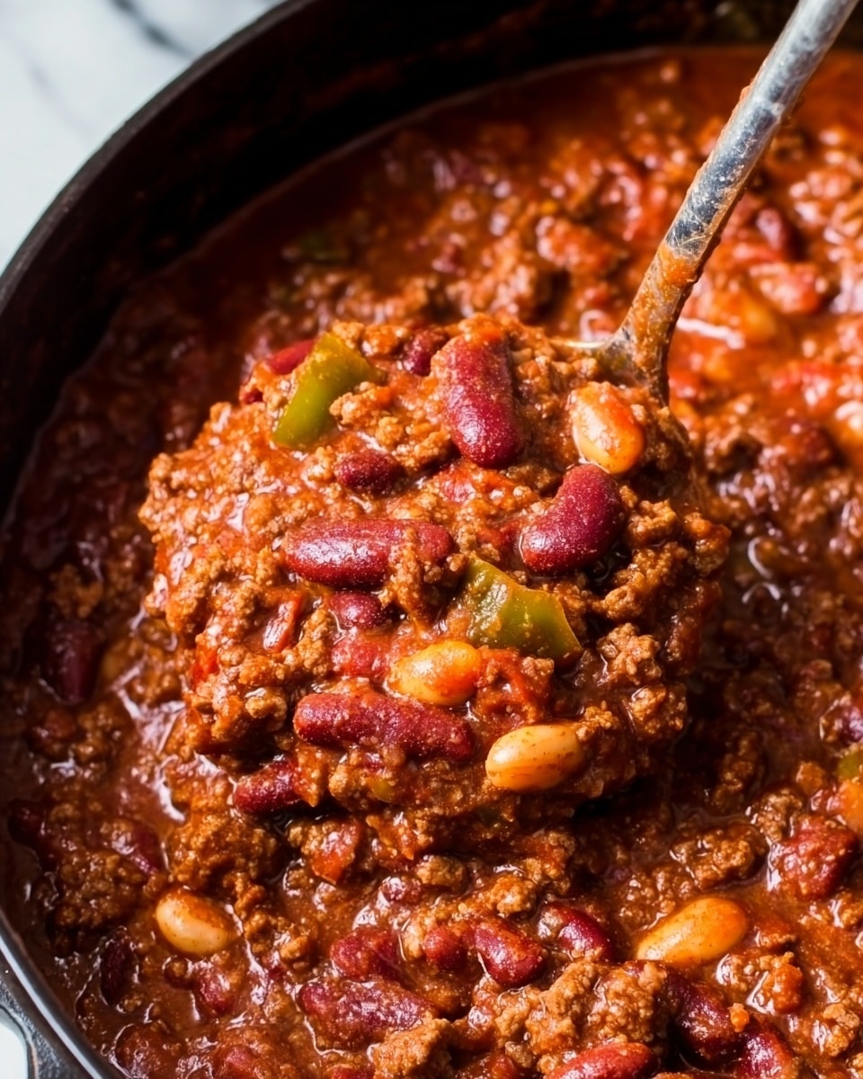 The image shows a close-up view of a thick chili stew in a black pot. The chili has a rich mix of red and brown colors with visible pieces of ground meat, kidney beans, white beans, and bits of green pepper mixed throughout. The texture is dense and chunky with a sauce that looks thick and well-cooked. A metal spoon is scooping up a generous portion of the chili, showing the layers of meat and beans blending together in the sauce. The background is a white marbled texture. Photo taken with an iphone --ar 4:5 --v 7