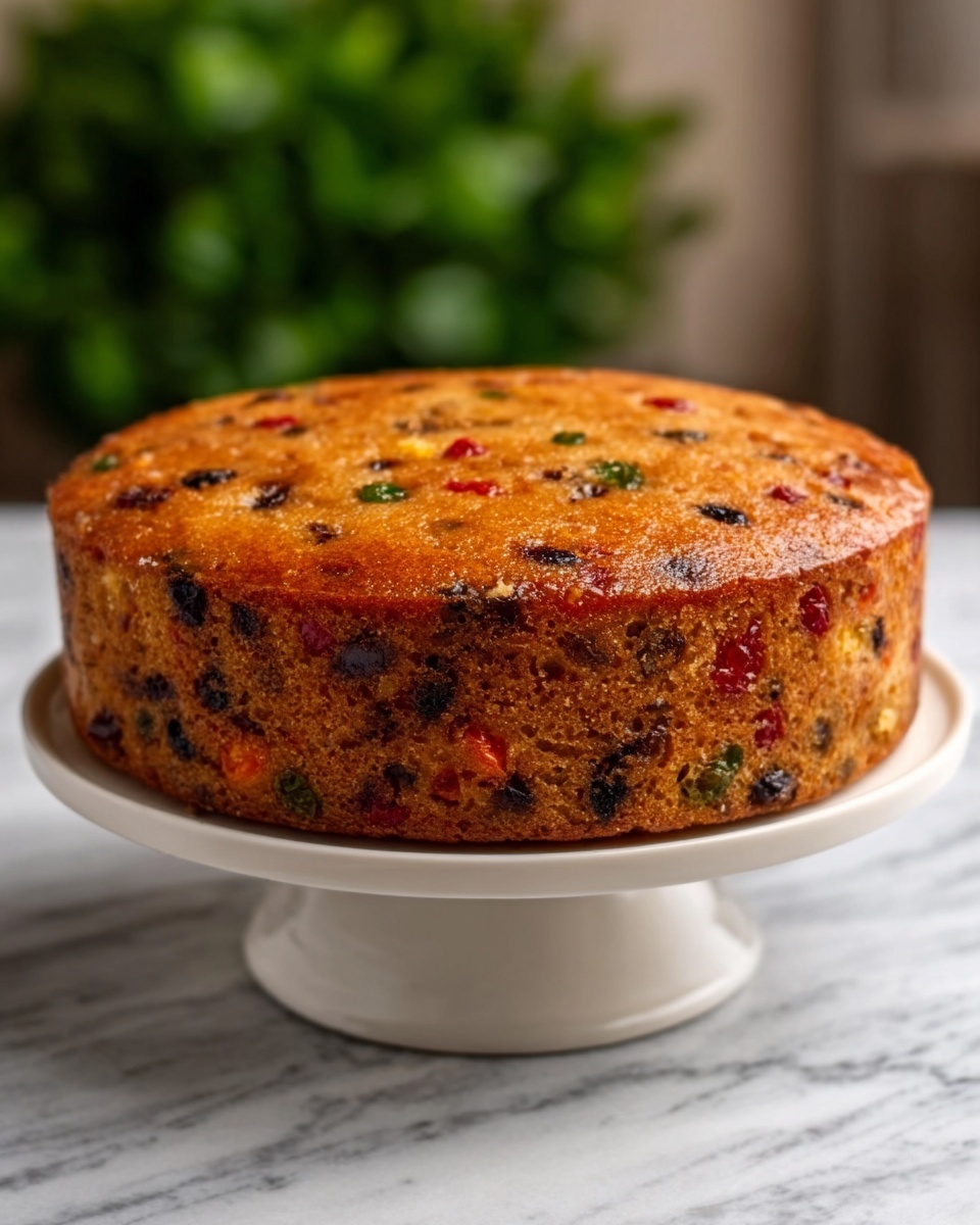 A round fruit cake sits on a white cake stand with a smooth, glossy finish. The cake has a golden brown top with small darker spots of embedded colorful dried fruits in red, green, and orange shades, evenly spread throughout its thick, dense body. The sides show a consistent texture with visible chunks of fruits inside, giving it a rich, textured look. The background features a white marbled surface, and a blurred green plant is faintly visible in the distance. photo taken with an iphone --ar 4:5 --v 7
