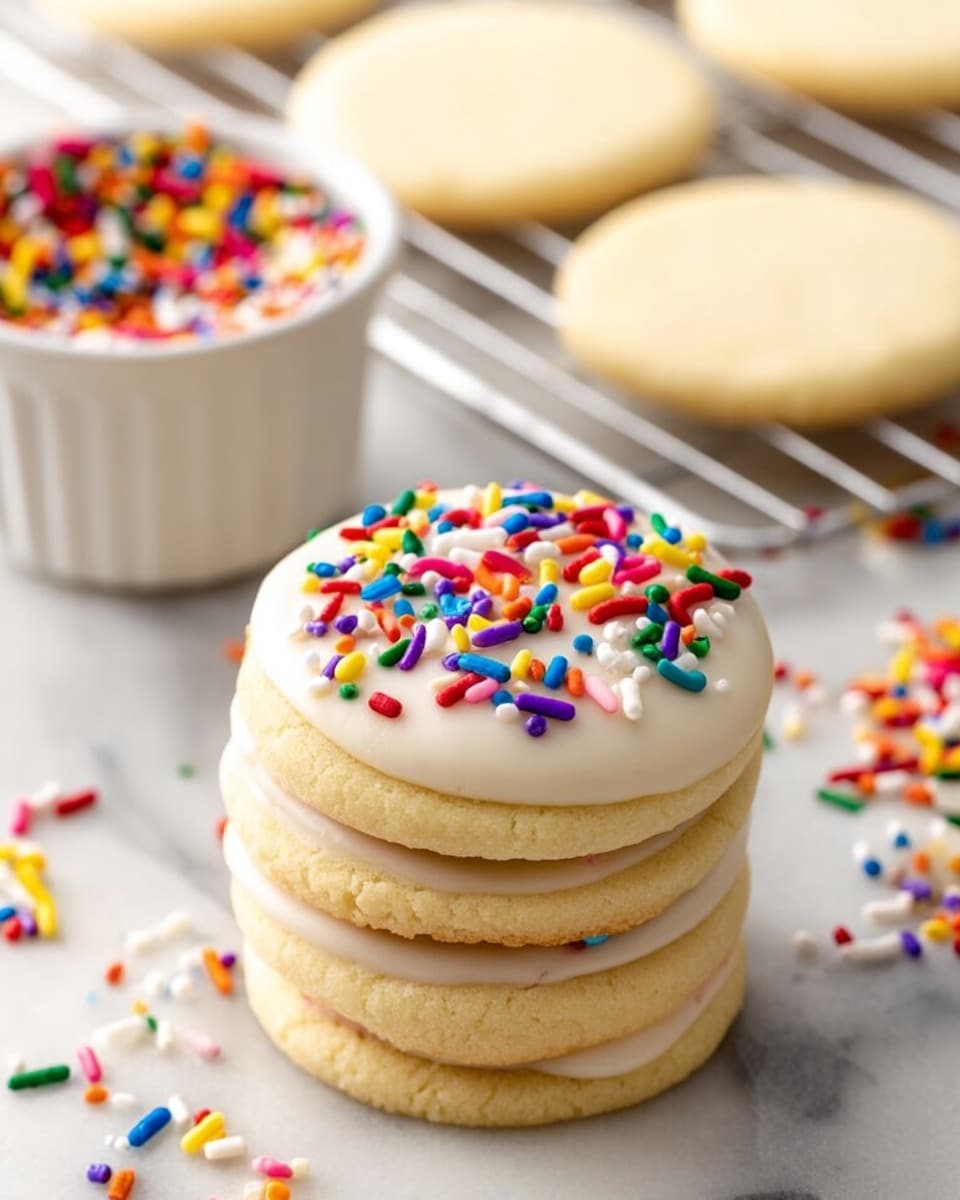 A stack of five round, light yellow cookies sits in the center on a white marbled surface, with the top cookie covered in smooth white icing and colorful sprinkles in red, green, blue, yellow, purple, orange, and white scattered over it. To the left, there is a white bowl filled with bright, multicolored sprinkles, and behind the stack, a silver cooling rack holds more plain cookies without icing. Some extra sprinkles are scattered around the stack on the white marbled surface. photo taken with an iphone --ar 4:5 --v 7