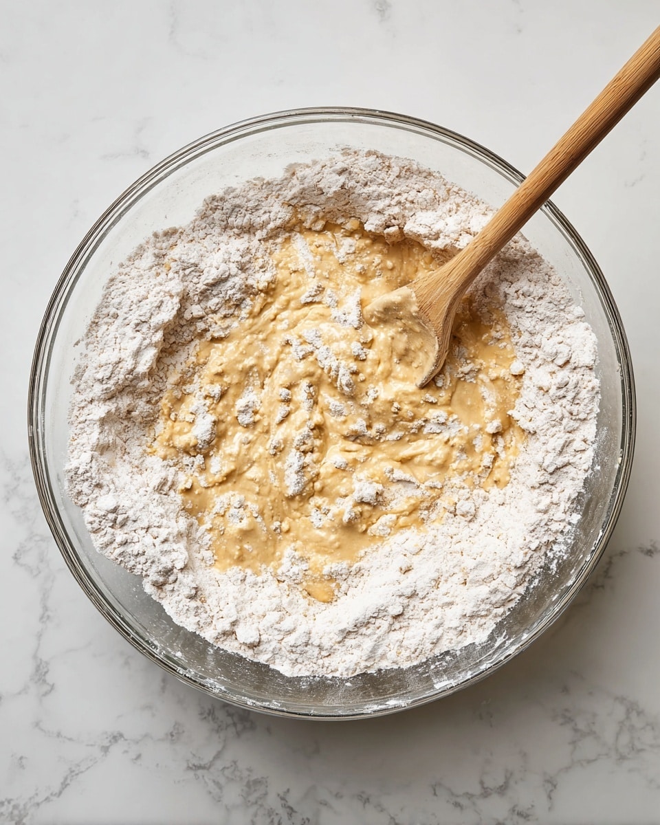 A clear glass bowl sits on a white marbled surface, filled with a mix of flour and wet batter. The outer layer is white flour piled around the edges, while the inside shows a light beige, thick batter starting to combine with the flour. A wooden spoon is partly buried in the bowl’s right side, slightly stirring the mix. The image is bright and clean, focusing on the texture contrast between the dry flour and wet batter photo taken with an iphone --ar 4:5 --v 7