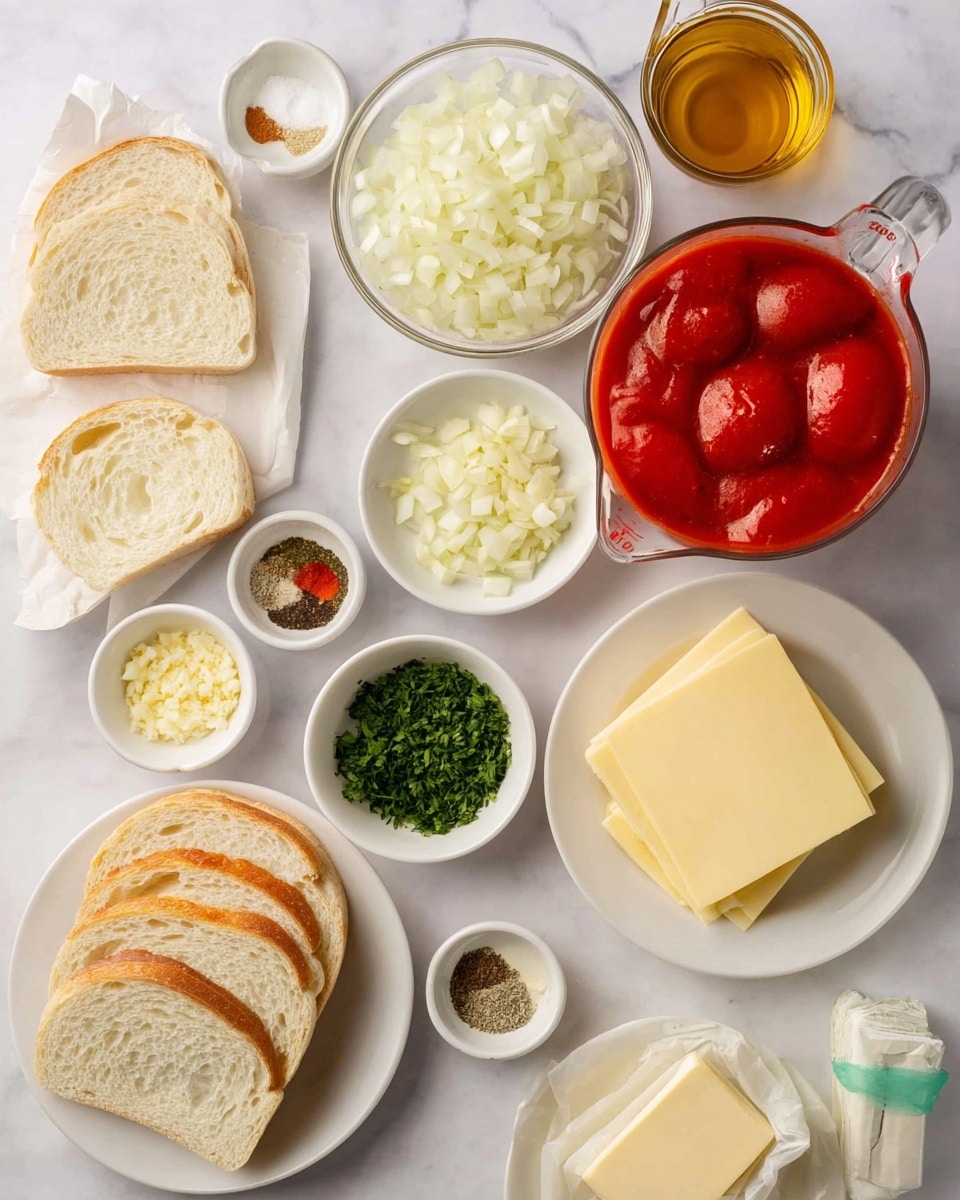 The image shows a flat lay of different cooking ingredients arranged on a white marbled surface. At the bottom left, there is a white plate with several slices of white bread stacked in a fan shape. Near the center, a small white bowl contains minced garlic, next to a similar bowl with chopped green herbs. To the right, a white plate holds neatly stacked slices of pale yellow cheese. Above these, a larger white bowl is filled with chopped white onions. On the top left, a clear measuring cup holds whole peeled tomatoes in bright red sauce. Surrounding these main ingredients are small white bowls and cups with various spices, a small amount of green oil, honey, pepper, salt, and a stick of pale yellow butter partly wrapped in paper. A glass measuring cup filled with a golden-brown liquid sits toward the top right. All items have a clear texture and color contrast on the white marbled background. Photo taken with an iphone --ar 4:5 --v 7