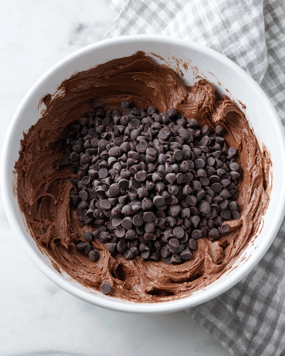 A white bowl is filled with a thick, creamy chocolate batter that is smooth and rich, covering the sides of the bowl in textured swirls. On top of the batter, there is a large pile of small, dark chocolate chips, scattered unevenly but mostly gathered in the center. The bowl rests on a white marbled surface with a soft gray and white checkered cloth nearby. The colors are mainly deep brown and dark black for the batter and chips, with bright white from the bowl and surface, creating a clean and simple look. photo taken with an iphone --ar 4:5 --v 7