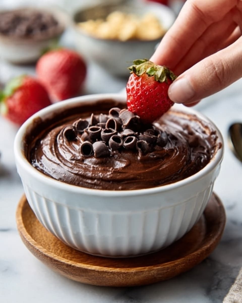 A white bowl filled with thick, dark brown chocolate mousse topped with several small, smooth chocolate curls and swirls on the surface. A woman's hand is holding a bright red strawberry, about to dip it into the mousse. The bowl is placed on a wooden coaster, sitting on a white marbled surface, with blurred bowls of ingredients seen in the background. photo taken with an iphone --ar 4:5 --v 7