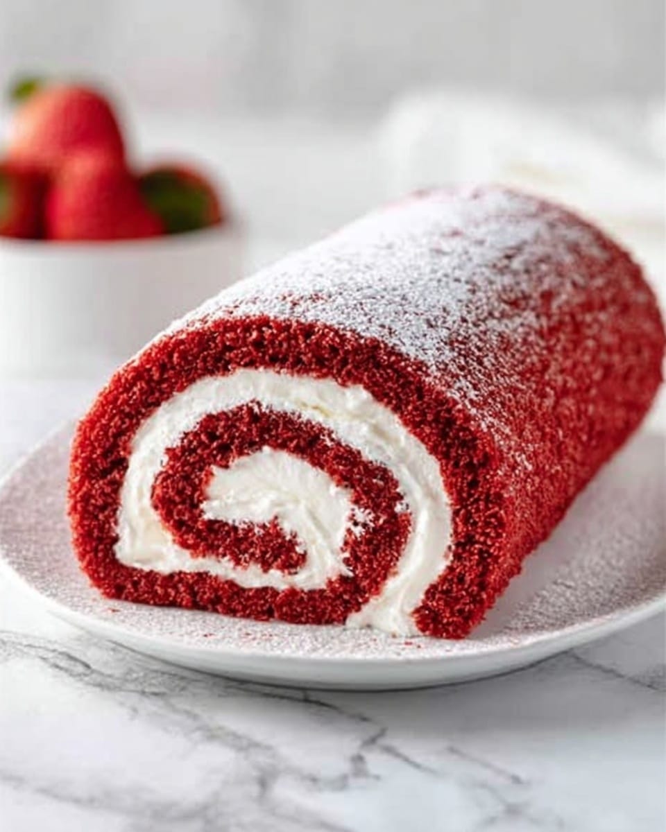 The image shows a red velvet swiss roll cake with a thick swirl of white cream inside. The cake is placed on a white plate on a white marbled surface. The red cake looks soft and slightly crumbly, while the white cream looks smooth and thick. There is a light dusting of powdered sugar on top of the cake. In the background, a white bowl holds red strawberries that add a fresh touch. Photo taken with an iphone --ar 4:5 --v 7