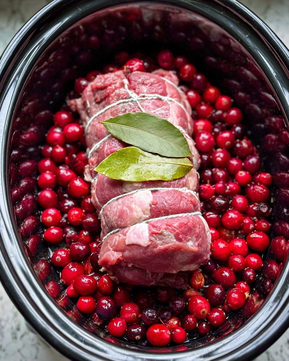 A white slow cooker filled with a layer of bright red cranberries mixed with a few green bay leaves, topped by a rolled piece of raw pink meat tied with white string, the colors contrasting well against the white marbled surface around the cooker. photo taken with an iphone --ar 4:5 --v 7