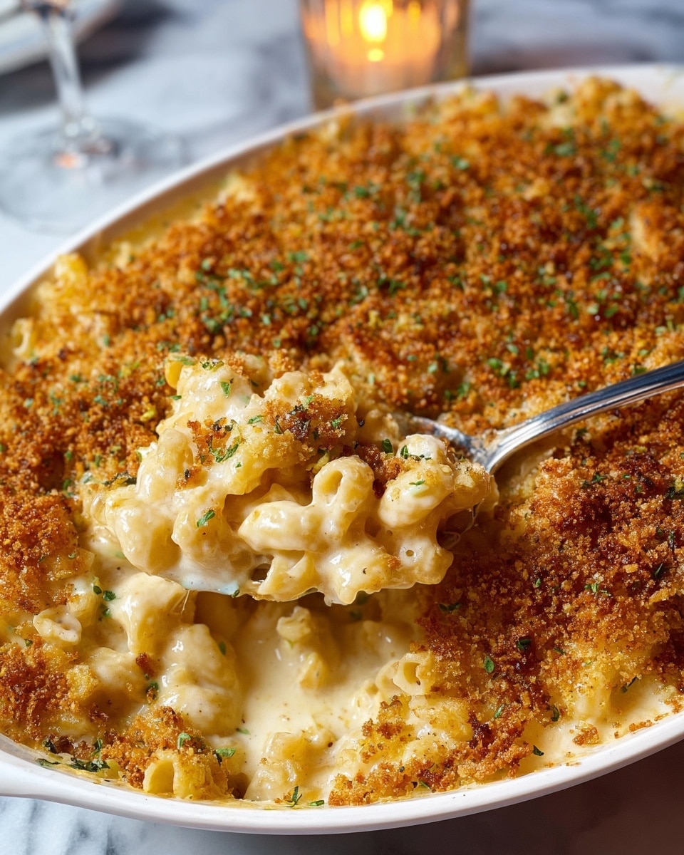 A white oval dish filled with creamy macaroni and cheese topped with a thick, golden-brown breadcrumb crust that covers the surface evenly. The top layer has crispy breadcrumbs mixed with green herb sprinkles. Underneath, smooth cream sauce coats the curved macaroni pasta, with some onion pieces mixed in for texture. A silver serving spoon lifts a portion of the macaroni and cheese, showing the soft pasta and creamy sauce beneath the crunchy top. The dish sits on a white marbled surface with a lit candle blurred in the background. Photo taken with an iphone --ar 4:5 --v 7
