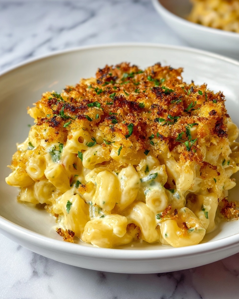 A serving of creamy macaroni and cheese is shown on a white plate. The dish has three main layers: the bottom layer is soft macaroni pasta with a smooth yellow cheese sauce that looks rich and shiny; the middle layer includes small green herb pieces scattered throughout, adding color and texture; the top layer has a golden brown crumb topping that is crunchy and toasted, with darker spots showing a light char. The plate rests on a white marbled surface. photo taken with an iphone --ar 4:5 --v 7