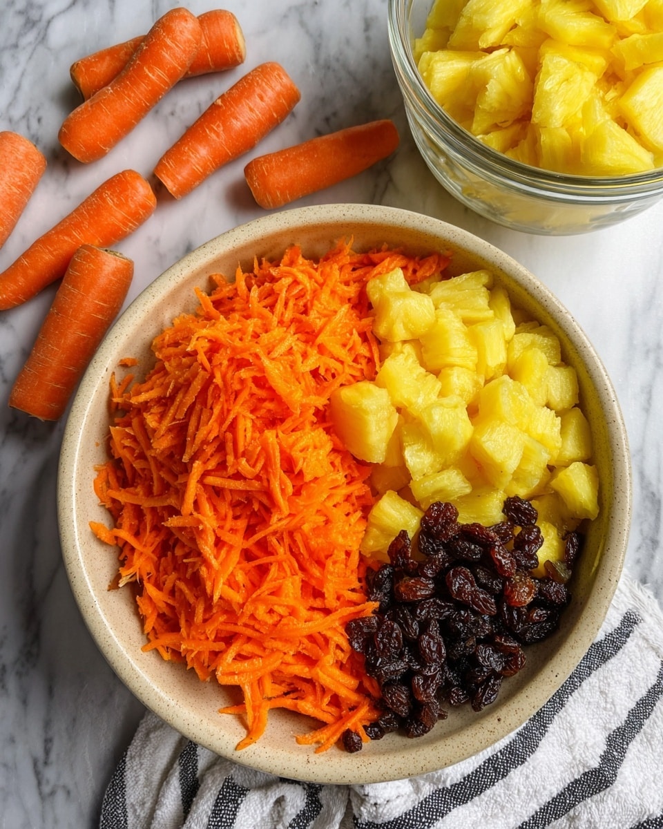 A round beige bowl holds three sections of food neatly arranged: bright orange shredded carrot fills one large portion, next to a pile of yellow pineapple chunks in another section, and a smaller pile of dark brown raisins sits below the carrot. The bowl rests on a white marbled surface, with several small whole carrots placed around the top left side and a glass bowl filled with pineapple chunks in the upper right of the frame. A white cloth with dark stripes is partially visible under the bowl. Photo taken with an iphone --ar 4:5 --v 7