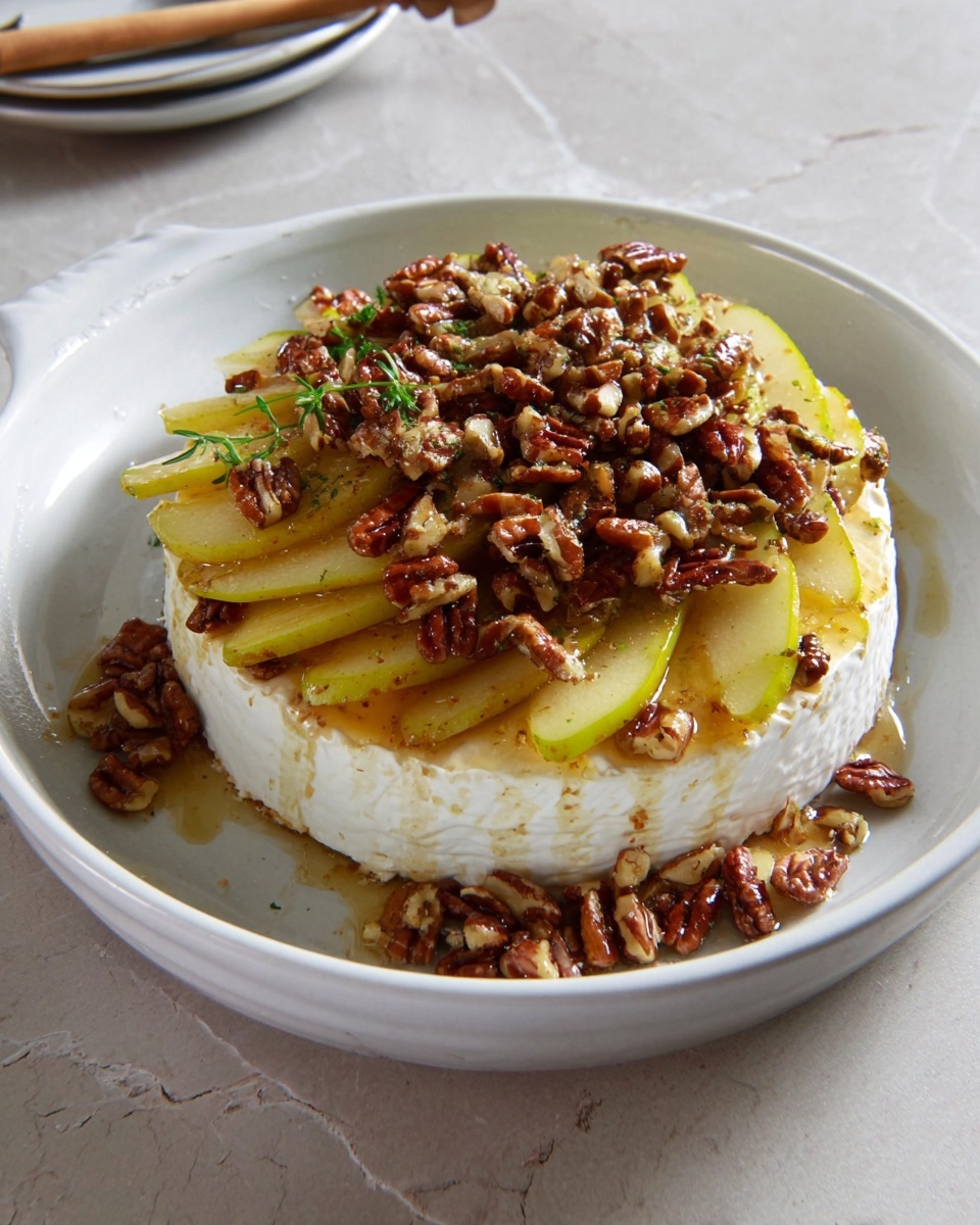 A round white cheese wheel sits at the bottom layer in the center of a white dish. On top of the cheese are evenly sliced yellow-green pear slices arranged standing closely in a circular shape. The pears are topped with a layer of chopped brown pecans, some spilling gently over the edges onto the dish. A thin layer of honey glaze covers the nuts, adding a shiny texture. The dish is on a table with a white marbled background faintly visible around it. photo taken with an iphone --ar 4:5 --v 7