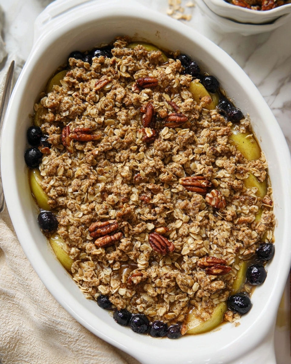The dish shows a white oval baking dish filled with a layered fruit crisp. The bottom layer is made of sliced greenish-yellow fruits, mostly covered but slightly visible on the edges. On top of the fruit layer, there are dark blueberries scattered throughout. The top layer is thick and chunky, made mostly of golden-brown oat clusters with some pecan halves distributed evenly. The texture looks crunchy and crumbly. The dish sits on a white marbled surface with hints of a white bowl and a beige cloth nearby. Photo taken with an iphone --ar 4:5 --v 7