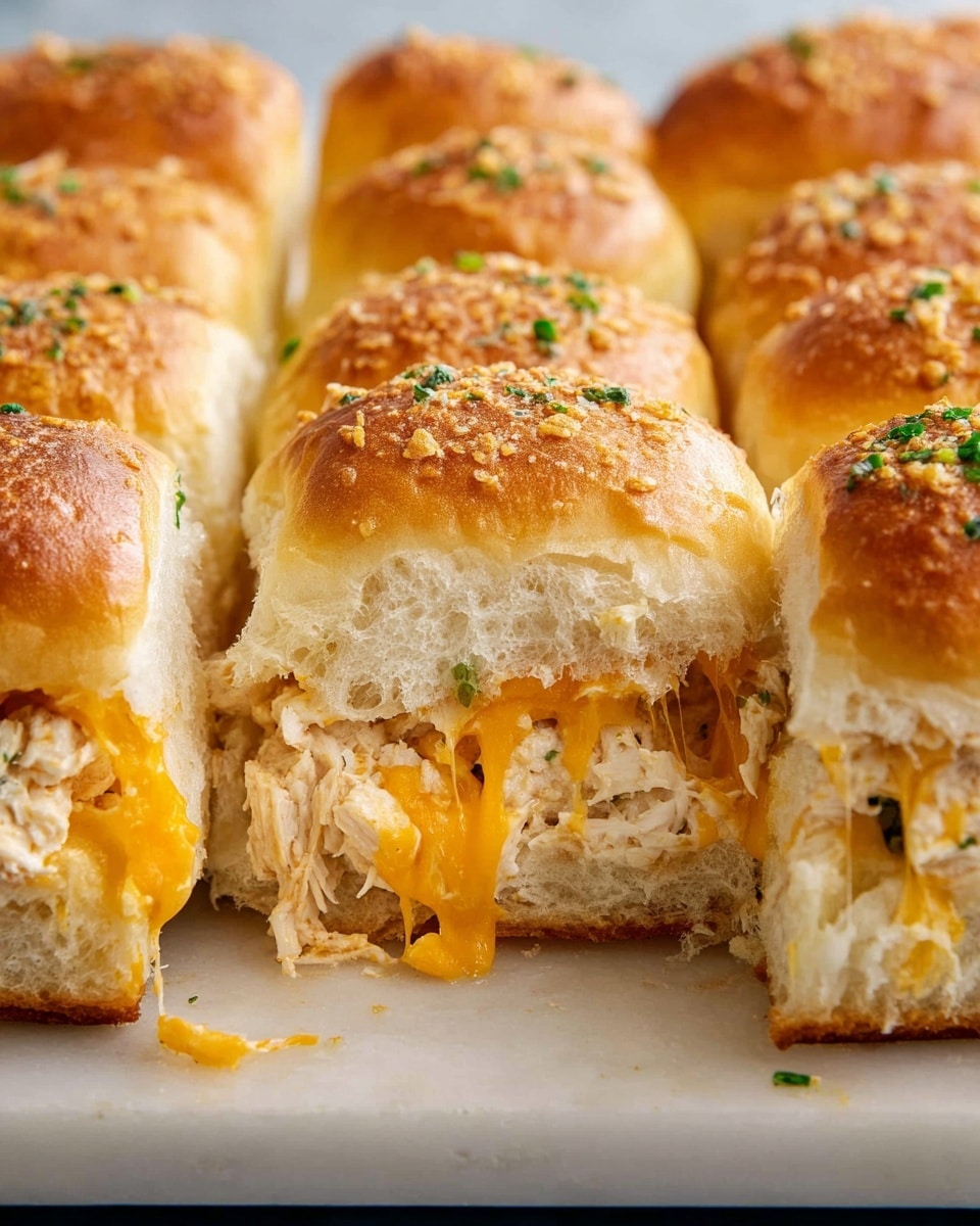 The image shows a close-up of a group of soft golden-brown buns arranged in a square shape, with one bun pulled away revealing three layers inside. The top layer of the bun is light golden with a crumbly textured crust sprinkled with small green herbs. Below that, there is a thick layer of melted bright orange cheese, rich and stretchy, dripping down slightly. The bottom layer is creamy white filling mixed with bits of chicken and herbs, soft and moist, held together by the white fluffy bread base. The buns are on a smooth white marbled surface. photo taken with an iphone --ar 4:5 --v 7