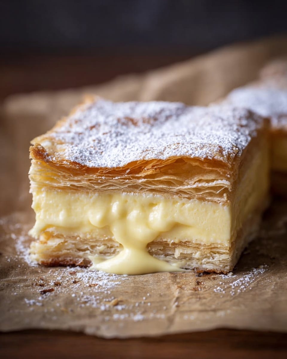 A close-up image of a square slice of a layered dessert shows two thin, light golden-brown flaky pastry layers on the top and bottom, with a thick creamy yellow custard filling in the middle. The top pastry layer is dusted lightly with white powdered sugar. The pastry layers have a crisp texture with visible thin sheets, while the custard filling looks smooth and creamy with a pale yellow color. The dessert is placed on brown parchment paper over a wooden surface with a soft-focused dark background. Some of the creamy custard has spilled slightly onto the parchment paper. photo taken with an iphone --ar 4:5 --v 7
