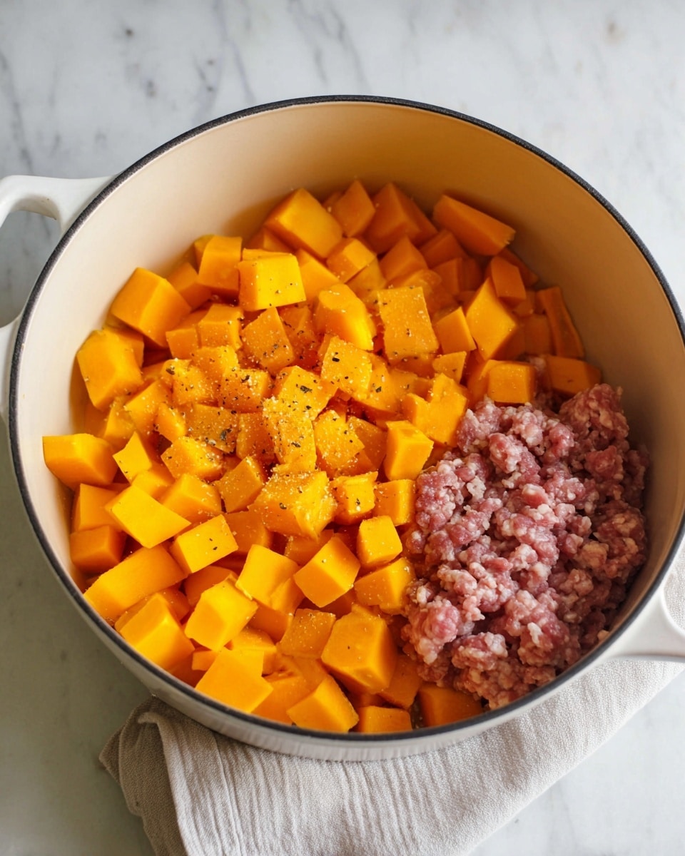 Inside a white pot, there are two main layers: on the left side, a large pile of bright orange cubed squash sprinkled with salt and pepper, showing a rough texture and uneven shapes, and on the right side, a small mound of raw ground meat, pinkish with white fat mixed in, slightly packed together, all on a white marbled surface with a cloth partially under the pot. Photo taken with an iphone --ar 4:5 --v 7