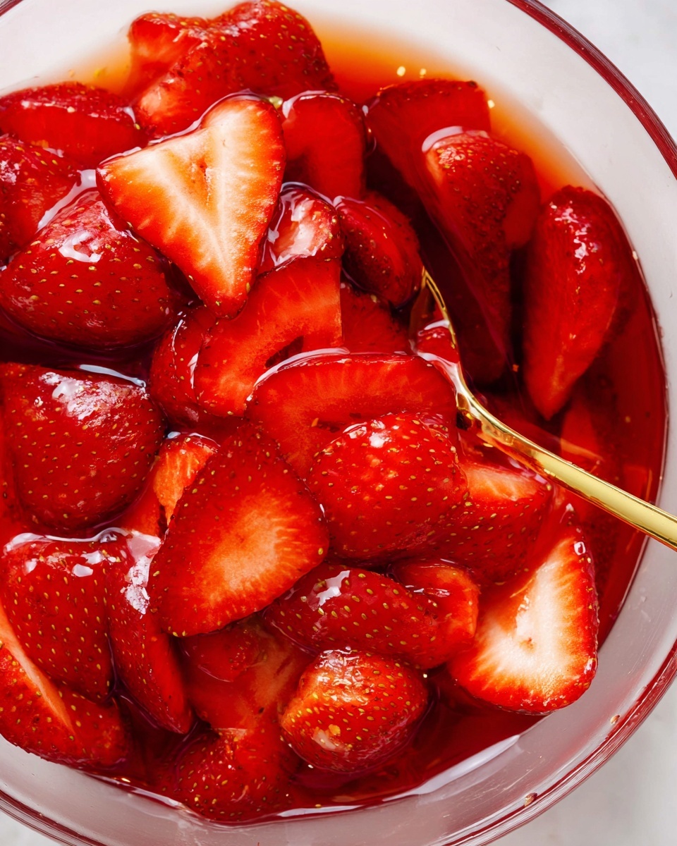 A close-up shot of many bright red strawberry slices soaked in red syrup, filling a clear bowl. The strawberries show their juicy, shiny inside with little seeds on the outside, all mixed and some pieces floating in the syrup. A shiny gold spoon partly dips into the syrup among the strawberry slices. The bowl is placed on a white marbled surface. Photo taken with an iphone --ar 4:5 --v 7