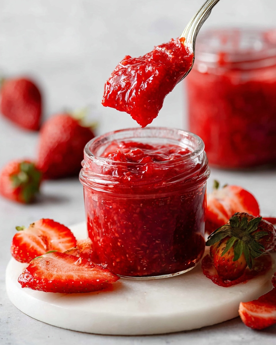 A small clear glass jar filled with bright red strawberry jam with a thick, chunky texture is placed on a round white marble surface. A shiny silver spoon lifts a scoop of the jam from the jar, showing its rich, glossy consistency. Around the jar on the marble are scattered fresh sliced strawberries and whole strawberries with green leaves. The scene is clean and bright, with soft natural light highlighting the vibrant reds against the white marble background. photo taken with an iphone --ar 4:5 --v 7