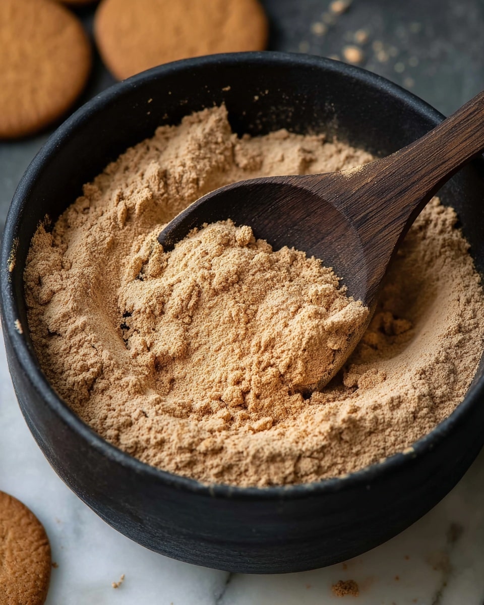 A small clear glass jar filled to the top with finely ground light brown powder, placed in the center of a round dark wooden plate. In the foreground, a wooden spoon with some of the same powder rests partially on the plate. In the slightly blurred background, there are some round golden brown cookies stacked and a brown pine cone on the left side, all set against a white marbled surface. photo taken with an iphone --ar 4:5 --v 7
