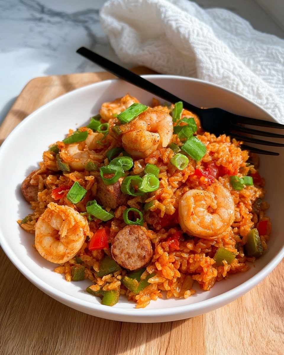 A white shallow bowl holds a colorful serving of a shrimp and sausage rice dish. The base layer is orange-red rice mixed with finely chopped green and red bell peppers, giving a textured, soft, and slightly sticky appearance. On top of the rice, there are plump, curved shrimp with a light orange color and slightly firm texture, alongside browned, round sausage slices that have a slightly rough surface. Bright green chopped scallions are scattered over the dish, adding a fresh pop of color. A black fork is placed on the edge of the bowl. The setting is on a light wood table with a white marbled surface visible in the background along with a white cloth. Photo taken with an iphone --ar 4:5 --v 7