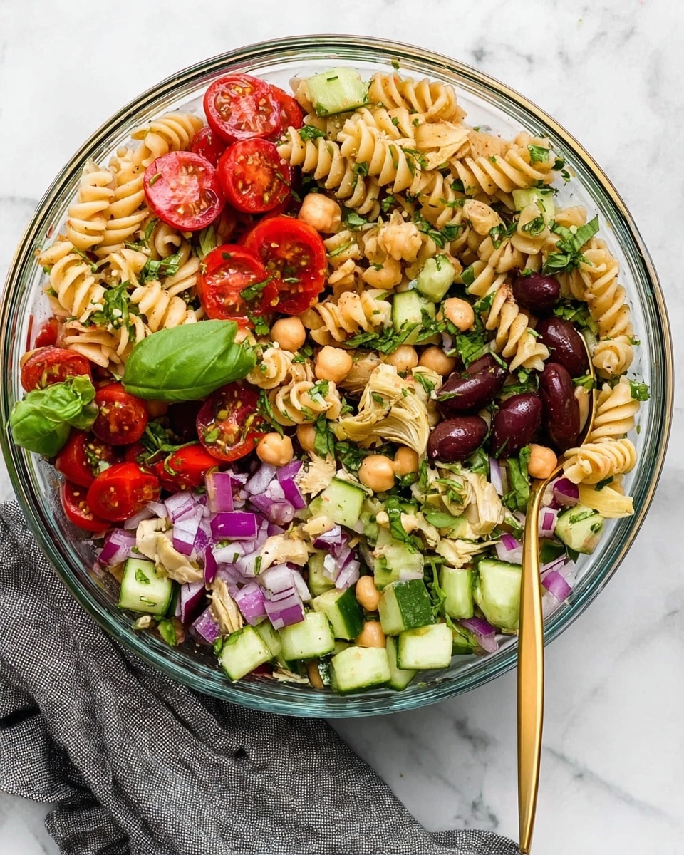 A clear glass bowl sits on a white marbled surface with a grey cloth beside it, filled with a colorful pasta salad. The salad has a base layer of spiral pasta that is light tan in color, mixed throughout with chickpeas that are beige and round. Chopped cucumbers, green and sliced, are scattered evenly as the next layer. Bright red grape tomatoes, cut in half, are placed on top and around the salad, adding vibrant pops of color. There are also dark purple olives and pieces of artichoke hearts, off-white with a tender texture, mixed in. Small pieces of chopped red onion create purple spots, while freshly chopped green basil leaves are sprinkled on top, adding freshness. A gold spoon rests inside the bowl. Photo taken with an iphone --ar 4:5 --v 7
