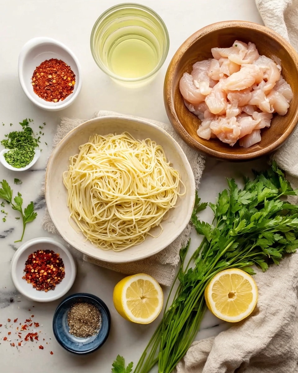 The image shows a white bowl with uncooked pale yellow noodles in the center on a light beige cloth, next to a wooden bowl filled with raw cutted chicken brreast. To the right, there is a small bunch of fresh green parsley and two lemon halves, one facing up showing the pale yellow juicy inside. Above the cloth is a glass cup with light yellow liquid, placed on a white marbled surface. On the left side, there are small white and blue bowls with red chili flakes, black pepper, crushed red pepper, and coarse salt. Fresh green parsley stems lay next to the bowls on the white marbled surface, with some scattered brown spices nearby. A beige fabric is partially visible on the right edge of the image. photo taken with an iphone --ar 4:5 --v 7