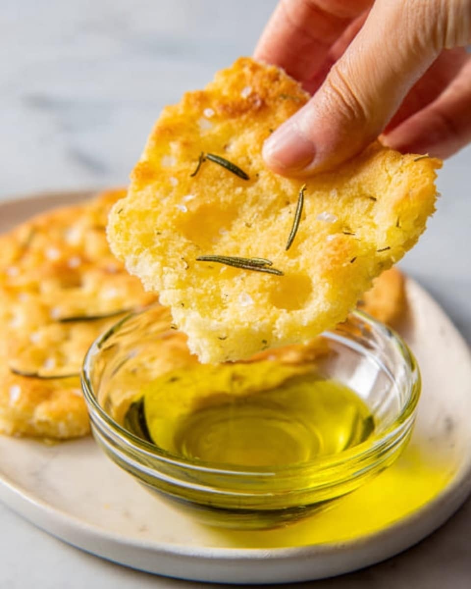 A woman's hand is holding a piece of golden-yellow flatbread sprinkled with coarse salt and small rosemary leaves, dipping it into a small clear glass bowl filled with bright green olive oil. The flatbread has a slightly rough and bubbly texture and is close to the camera. The glass bowl sits on a white plate, which is on a white marbled surface. The light shines softly, highlighting the flatbread's crisp edges and the shiny oil in the bowl. photo taken with an iphone --ar 4:5 --v 7