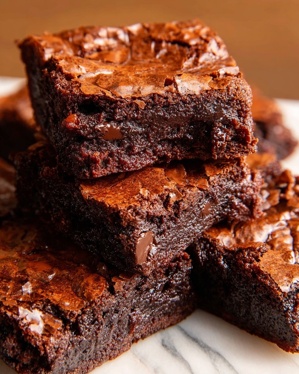 A close-up of several thick chocolate brownies stacked closely together, showing a shiny, cracked dark brown crust on top and a dense, moist, rich chocolate texture inside. One brownie is slightly raised, emphasizing its deep, fudgy middle layer with small melted chocolate spots. The arrangement rests on a white marbled surface with warm soft light highlighting the glossy surface and texture details. photo taken with an iphone --ar 4:5 --v 7