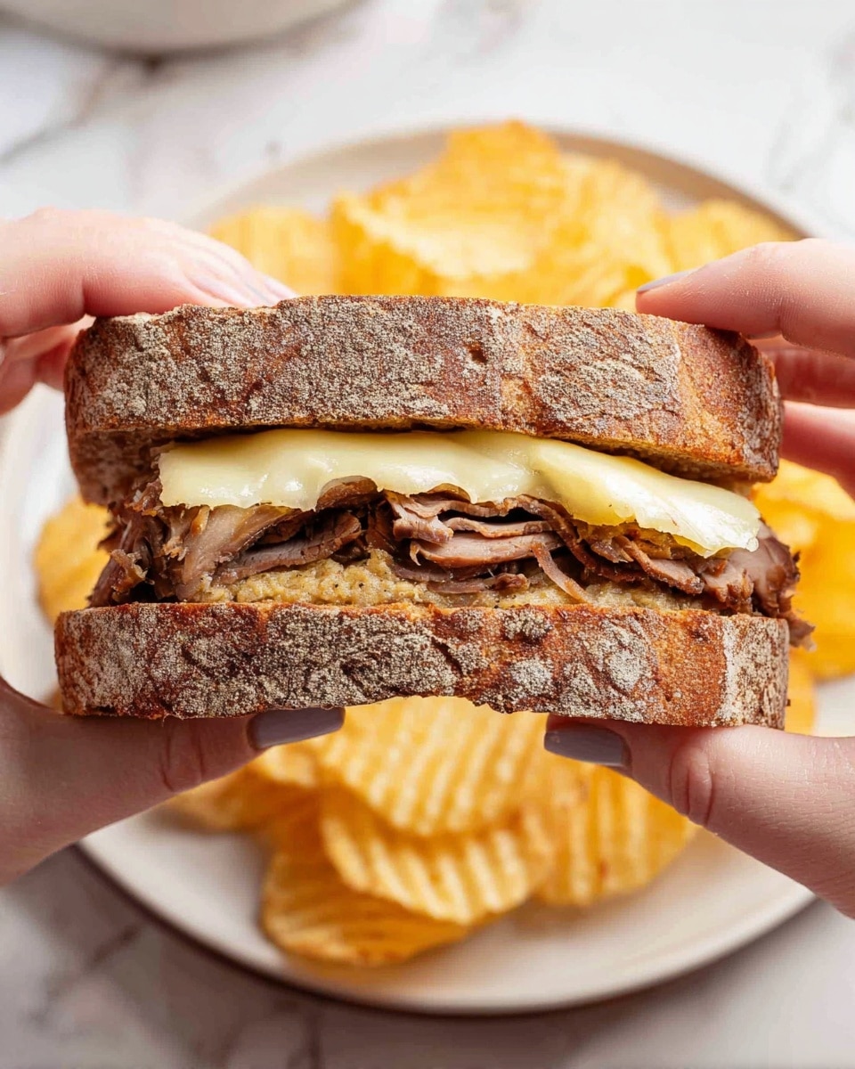 A sandwich is held by two hands, showing three main layers: the top and bottom slices of rustic brown bread with a rough texture, a middle layer of thinly sliced, browned meat, and a layer of melted light yellow cheese on top of the meat. There is also a spread of grainy mustard visible just under the top bread slice. The sandwich rests above a white plate filled with golden-yellow, crispy potato chips. The background surface is a white marbled texture. photo taken with an iphone --ar 4:5 --v 7