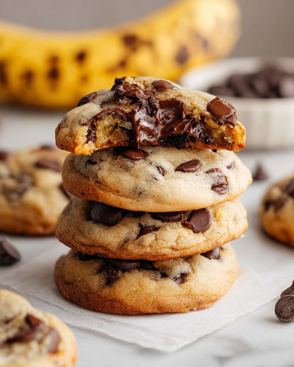 A stack of four soft chocolate chip cookies sits on a white marbled surface with a white paper sheet underneath. The bottom three cookies are whole, showing a light golden-brown dough filled with many dark brown chocolate chips scattered evenly throughout. The top cookie is broken in half and placed on the third cookie, revealing a gooey melted chocolate center and warm inner dough with chocolate chips inside. The background is softly blurred, featuring a ripe yellow banana with brown spots on the right and more chocolate chips in a white bowl. Photo taken with an iphone --ar 4:5 --v 7