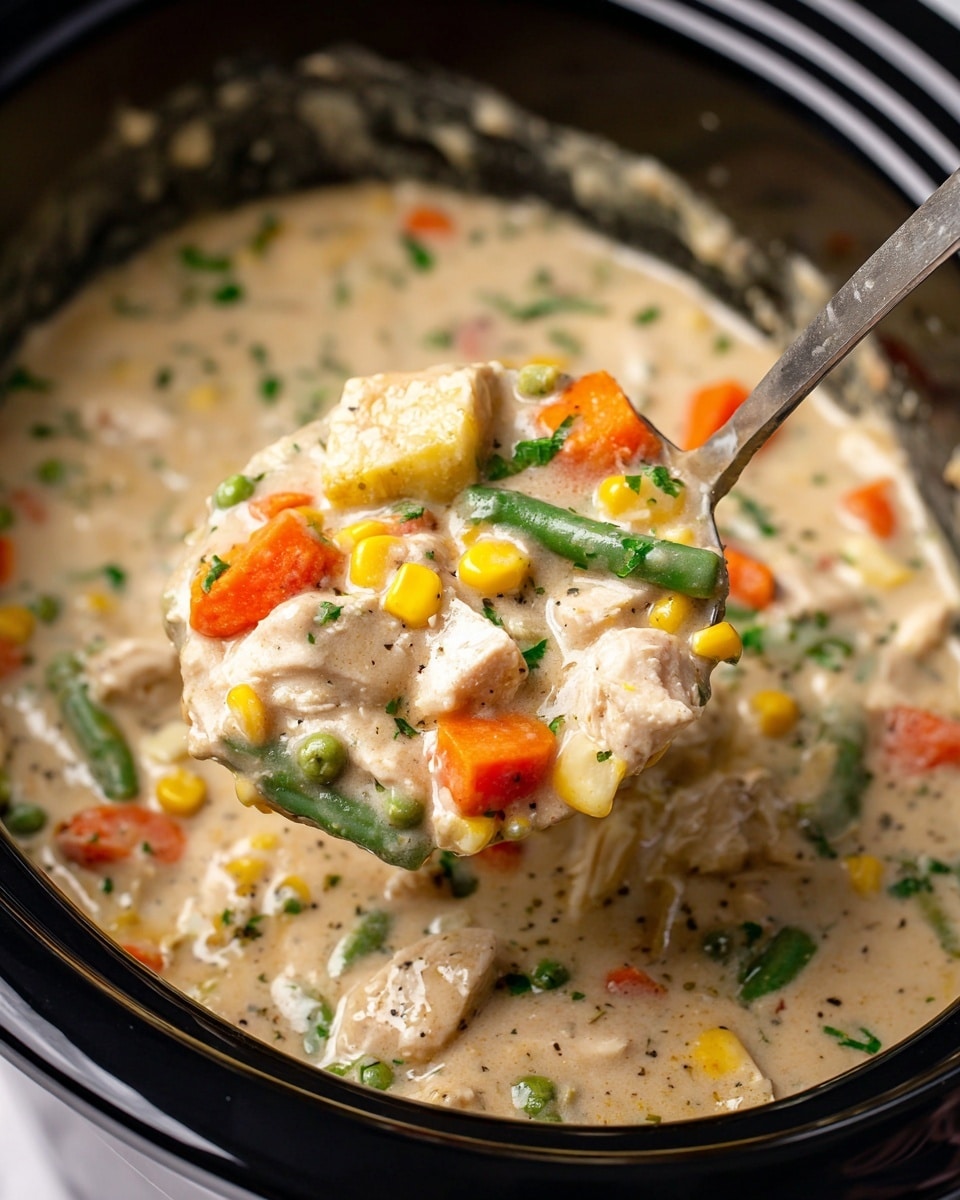 The image shows a close-up of a slow cooker filled with thick, creamy chicken stew. The stew has three main visible layers: chunks of white chicken pieces, a mix of bright vegetables including orange carrots, green beans, green peas, and yellow corn, all coated in a smooth light beige sauce with specks of black pepper and small green herb bits scattered throughout. The ladle is lifting a portion of this hearty mix, highlighting the chunky texture and colorful vegetable pieces. The slow cooker has a shiny black edge, and the background surface is a white marbled texture. Photo taken with an iphone --ar 4:5 --v 7