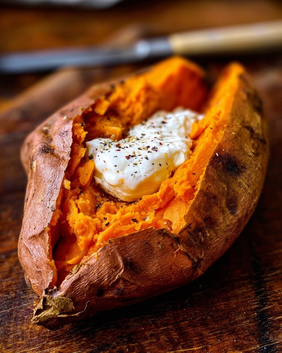 A baked sweet potato sits on a dark wooden surface with a crispy, slightly wrinkled brown skin. The potato is split open lengthwise, revealing bright orange, soft, fluffy flesh inside. On top of the flesh is a dollop of white sour cream sprinkled with small black pepper specks. The potato looks warm and tender, with some darker roasted spots on the skin. photo taken with an iphone --ar 4:5 --v 7
