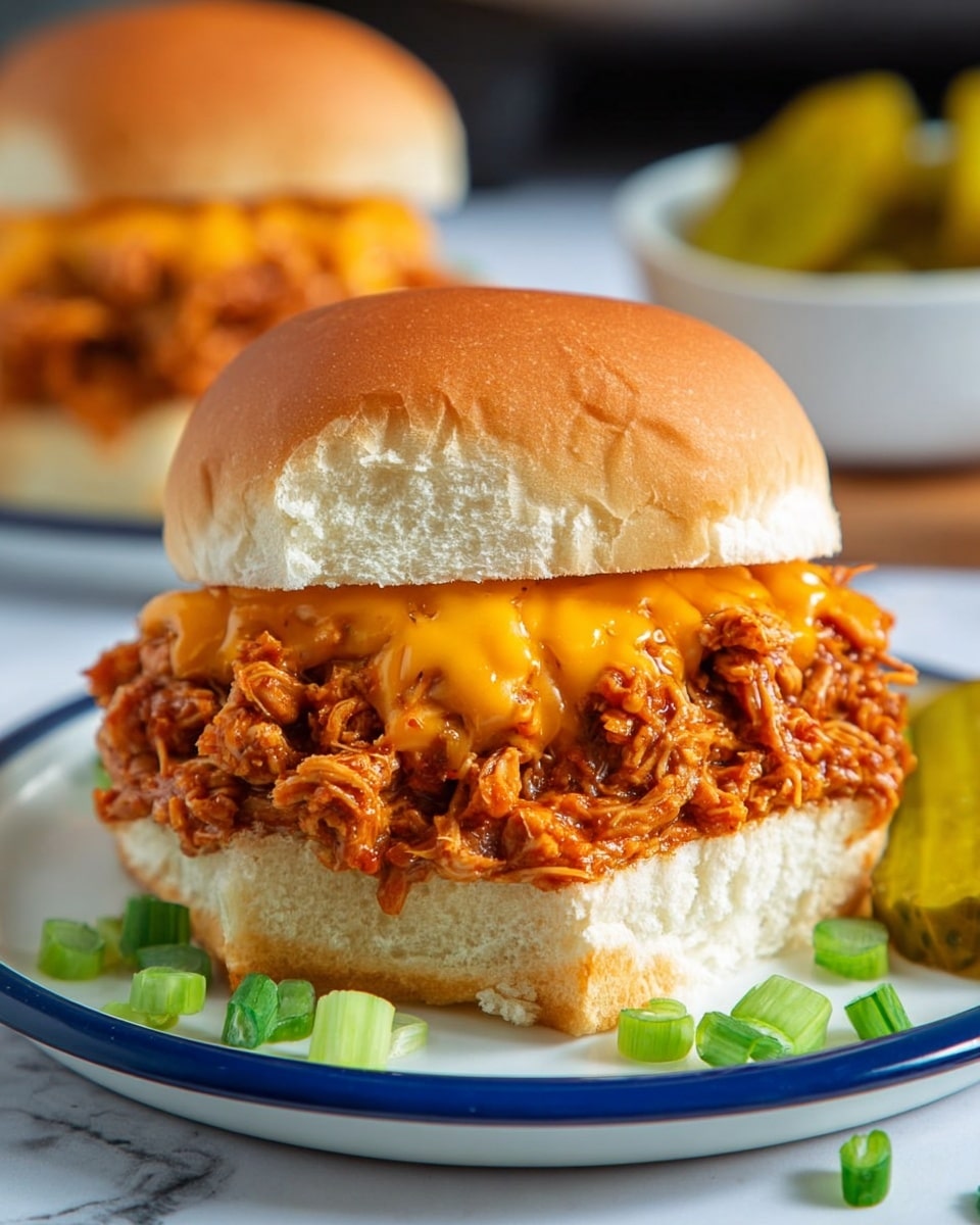 A close-up of a sandwich on a soft, light brown bun with three visible layers: the bottom bun is white and fluffy, the middle layer is filled with loose, brown, saucy shredded meat, and the top layer has melted bright orange cheese with small pieces of chopped green onion scattered on it. The sandwich sits on a white plate with a blue rim, which is placed on a white marbled surface. In the background, there is a blurry sandwich similar to the front one and a glass jar filled with golden fries. Photo taken with an iphone --ar 4:5 --v 7