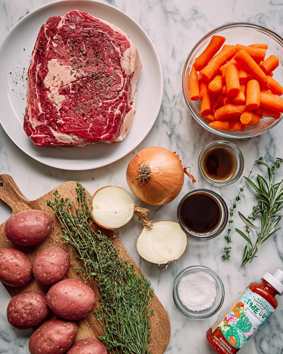 The image shows a collection of fresh ingredients placed on a white marbled surface. On the top left, there is a large piece of red raw meat with white marbling and sprinkled black pepper, sitting on a white plate. Below it, a glass bowl contains bright orange carrot pieces. A wooden cutting board near the center holds green sprigs of herbs, including rosemary and thyme, next to a whole onion and half of a peeled onion. Scattered around are small red potatoes with smooth skins. To the right, there are three small glass bowls with dark liquids, a glass measuring cup with a brown liquid, a small glass bowl of white powder, and a colorful tube of double concentrated tomato paste. The setup looks ready for cooking photo taken with an iphone --ar 4:5 --v 7