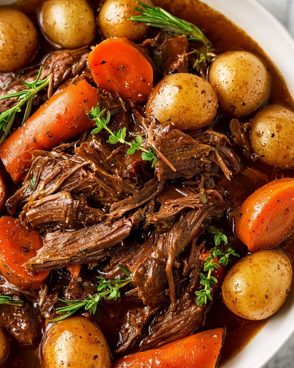 The image shows a close-up of a hearty stew with three main layers: tender shredded dark brown meat with a slightly glossy texture, lined with visible seasoning and herbs; bright orange carrot slices with a smooth, soft-looking surface placed among the meat; and whole small golden-brown potatoes with a shiny, seasoned skin scattered throughout. Fresh green rosemary and small thyme leaves are laid on top as garnish, adding a pop of color. The stew is in a white bowl with rich brown sauce coating all the ingredients, set against a white marbled background. photo taken with an iphone --ar 4:5 --v 7
