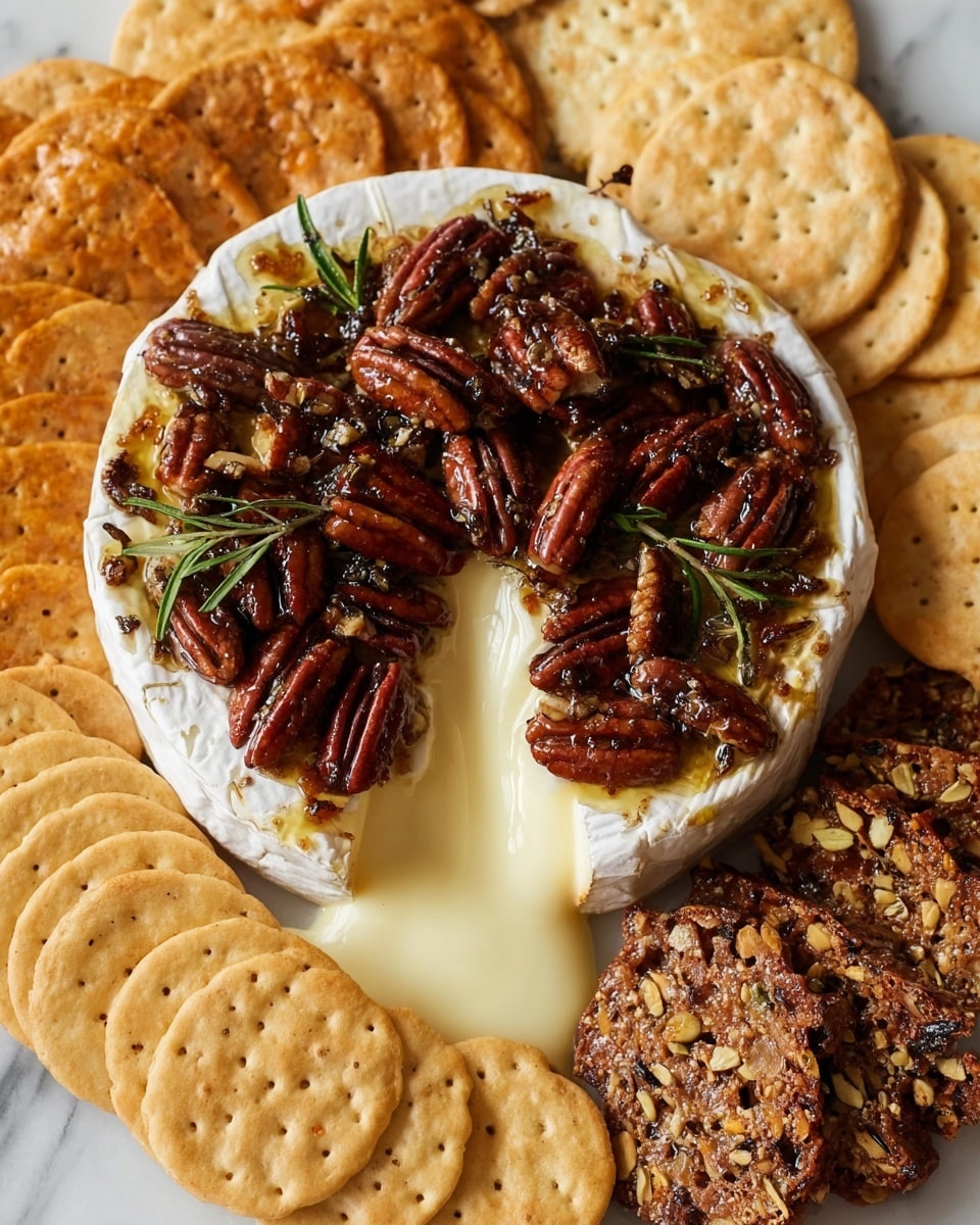 A white round of soft cheese with its top layer removed, revealing creamy, melting cheese oozing out. The top is covered with glossy, dark brown pecans mixed with sprigs of fresh rosemary and a drizzle of syrup. The cheese is surrounded by a variety of crackers: light beige round crackers on the bottom left, rectangular golden crackers on the bottom and left edges, and dark brown seeded bread slices with visible oats and seeds on the top right. The whole arrangement is placed on a white marbled surface. Photo taken with an iphone --ar 4:5 --v 7
