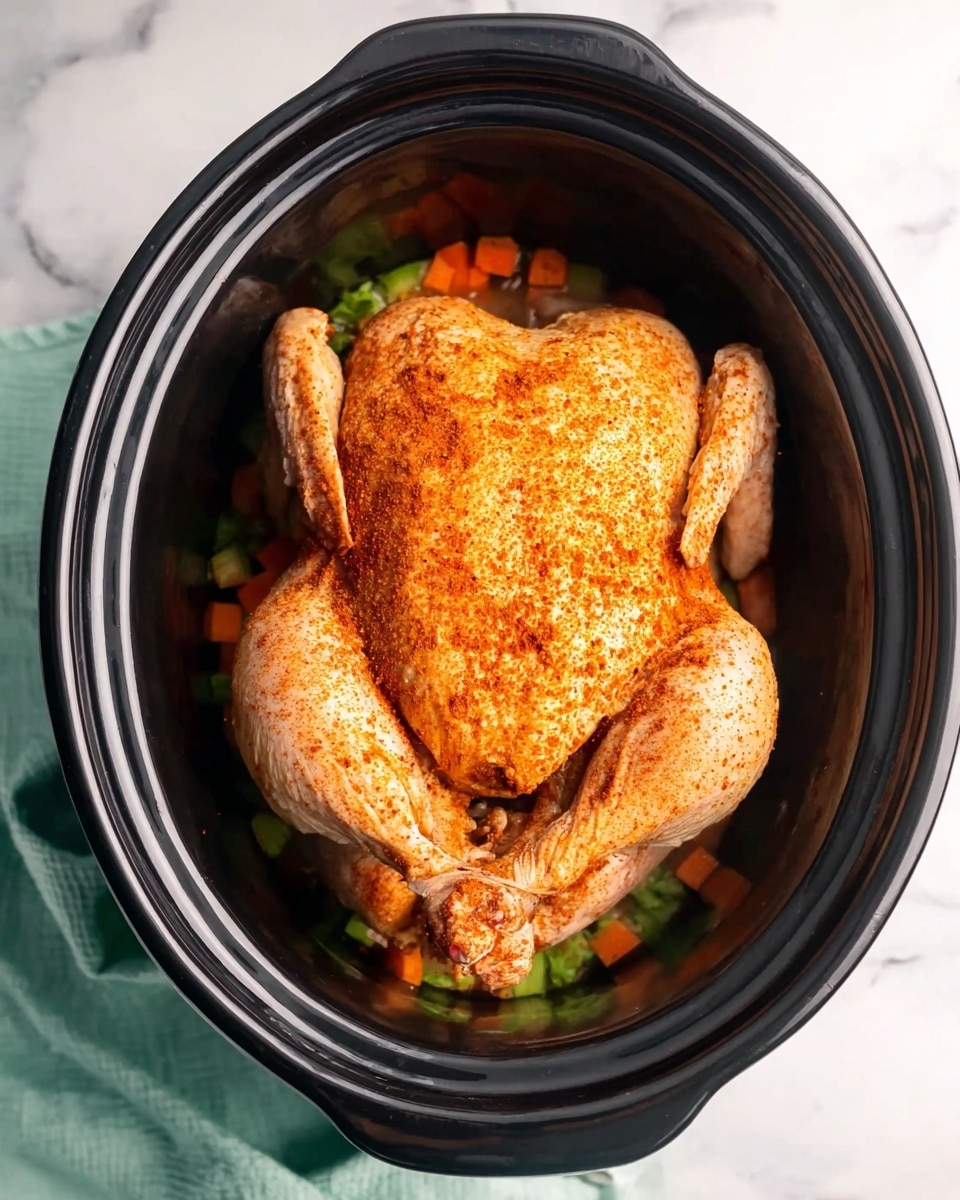A raw whole chicken sits in the center of a black slow cooker bowl, spread out with its legs at the bottom and wings on the sides. The chicken is coated evenly with a reddish-brown spice rub, giving it a slightly rough texture. Underneath the chicken, there is a small layer of chopped vegetables that include orange carrot pieces and small green bits, likely celery or herbs, peeking out from the edges. The slow cooker bowl contrasts with the white marbled surface underneath, and a light green cloth is partly visible in the bottom left corner. Photo taken with an iphone --ar 4:5 --v 7