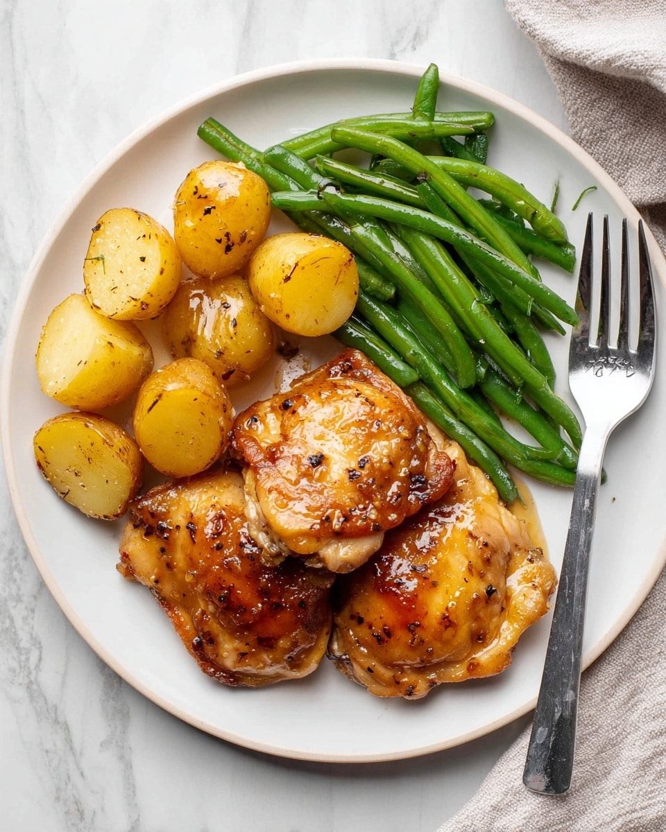 A white plate shows a meal with three main parts: golden brown cooked chicken thighs on the right, shiny green beans placed in the middle on top of the chicken, and small yellow potatoes cut in half on the left side of the plate. The chicken has a slightly crispy and glazed texture with visible black pepper and sauce. A silver fork is on the right side of the plate resting on the edge. The plate is set on a white marbled surface. photo taken with an iphone --ar 4:5 --v 7
