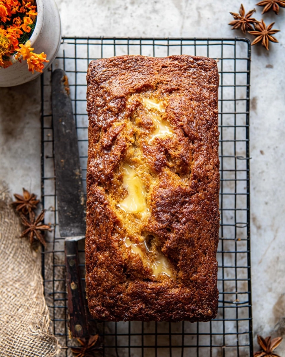 A rectangular loaf cake with a rough, textured, golden brown crust sits on a black wire cooling rack over a white marbled surface. The cake's top has a crack running down the center, with swirls of melted light yellow butter pooling inside the fissure, giving a shiny, glossy look. To the left of the cake, there is an old knife with a dark handle resting on the rack. In the top left corner, part of a white cup with dried orange flowers is visible, and around the scene, whole star anise pods add a rustic touch. Photo taken with an iphone --ar 4:5 --v 7