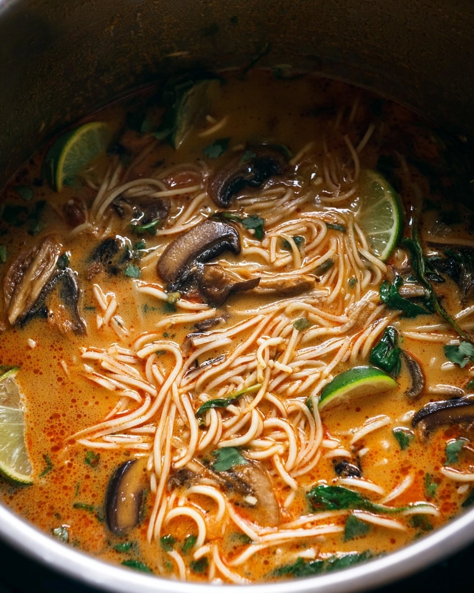 This image shows a pot filled with a rich orange broth soup containing thin white noodles spread throughout. Floating on top are pieces of sliced mushrooms with a brown and white texture, green herbs, and lime wedges with green skin and light green interior. The broth looks creamy with small oil spots, and some leafy greens are visible. The soup is thick and filled with various ingredients mixing smoothly together inside the metal pot. Photo taken with an iphone --ar 4:5 --v 7