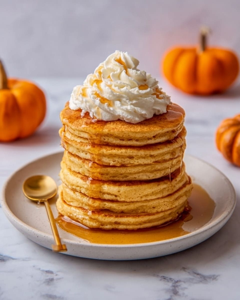 A stack of thick, golden-brown pancakes sits in the center of a white plate on a white marbled surface. There are eight pancakes stacked neatly, each layer showing a soft, fluffy texture with slight browning on the edges. On top of the stack is a swirl of creamy white whipped cream with soft peaks. Light amber syrup is poured over the stack, dripping down the sides and pooling around the base. To the side, a golden spoon lies on the surface, and in the background, two small orange pumpkins add a warm touch. Photo taken with an iphone --ar 4:5 --v 7