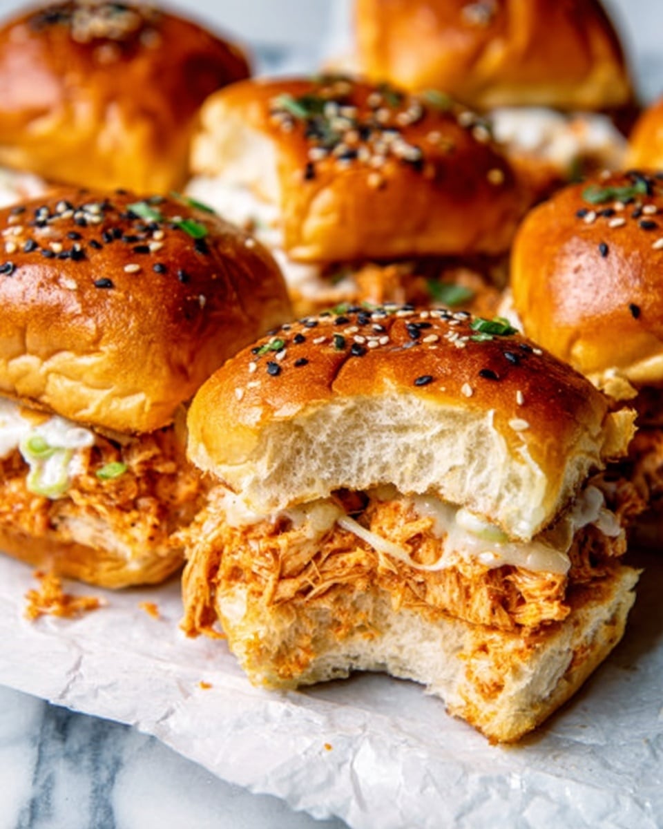 The image shows a close-up of several sandwich sliders on white parchment paper, placed on a white marbled surface. Each slider has a shiny, golden-brown top bun sprinkled with black and white sesame seeds and maybe some herbs. Inside, there is a layer of shredded orange chicken mixed with sauce, topped with a layer of creamy melted white cheese visible as one slider is pulled apart by a woman's hand, showing the soft, fluffy inside of the bread and the gooey chicken and cheese filling. The sliders are arranged closely together, giving a warm and appetizing look. Photo taken with an iphone --ar 4:5 --v 7