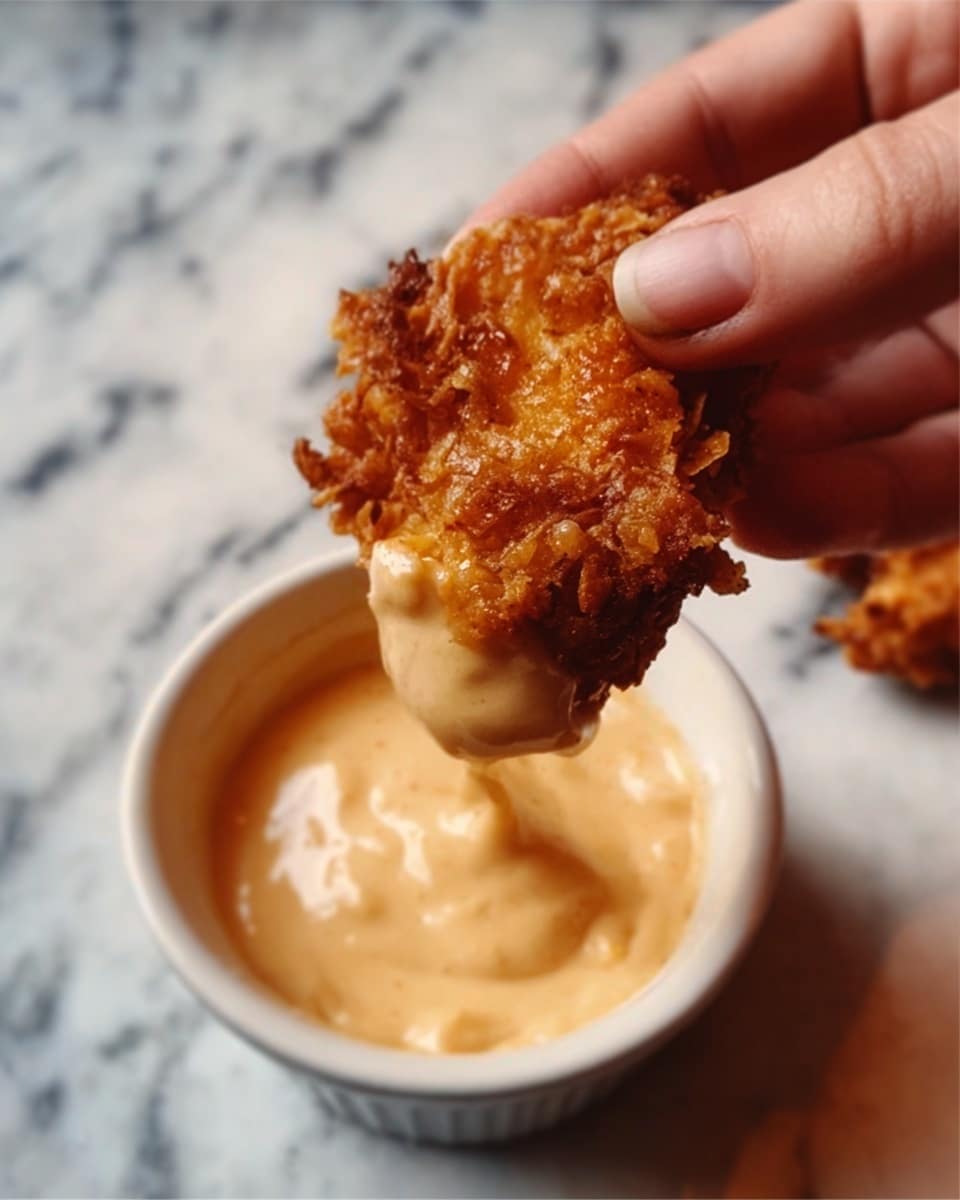 A woman's hand is holding a crispy, golden-brown bite-sized piece of fried food partially dipped into a creamy, pale beige sauce inside a white bowl. The fried piece shows a rough, crunchy texture with small pieces visible on its surface. The creamy sauce looks smooth and thick, coating the fried piece halfway. The background and surface feature a white marbled texture. photo taken with an iphone --ar 4:5 --v 7