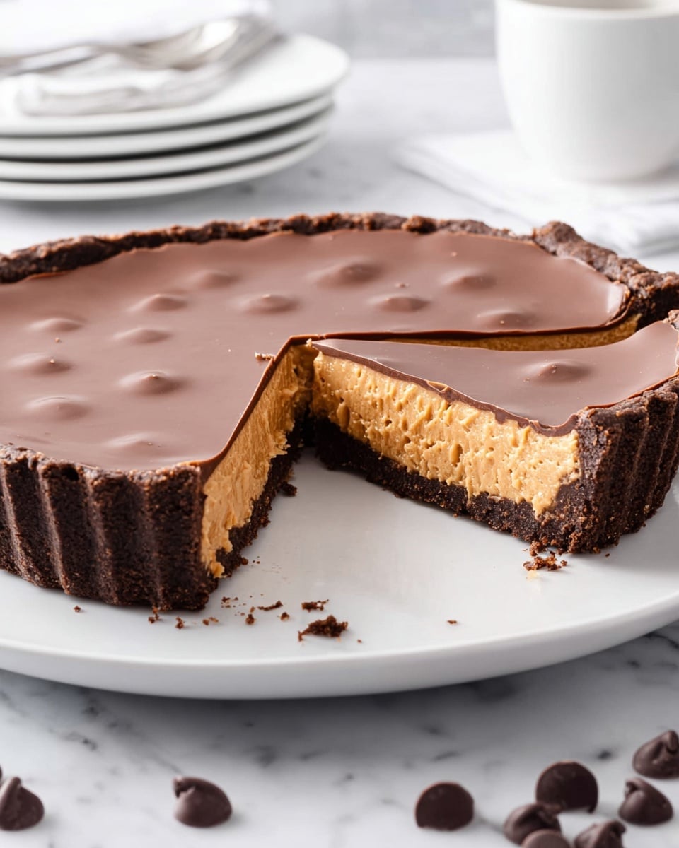 The image shows a chocolate peanut butter pie with three layers. The bottom layer is a dark chocolate crust, firm and smooth, holding the shape well. Above that is a thick, creamy peanut butter filling in a light tan color, thick and solid but soft looking. The top layer is a shiny, rich dark chocolate glaze, smooth and spread evenly over the peanut butter layer. A large slice is on a white plate in the front, and the rest of the pie with a missing slice is on a white plate in the background. The surface is a white marbled texture with scattered chocolate chips around. photo taken with an iphone --ar 4:5 --v 7