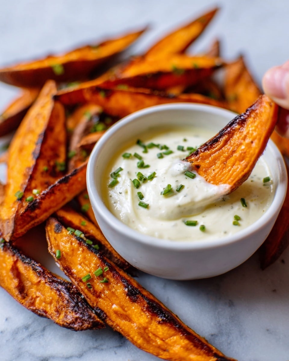 The image shows a white small bowl filled with creamy white sauce, topped with small green chives. Around the bowl, there are several thick, orange sweet potato wedges with dark brown char marks. One wedge is dipped in the sauce, held by a woman's hand, pointing up from the bowl. The background surface is white marble. The lighting highlights the texture of the sauce and the crispy edges of the sweet potatoes. Photo taken with an iphone --ar 4:5 --v 7