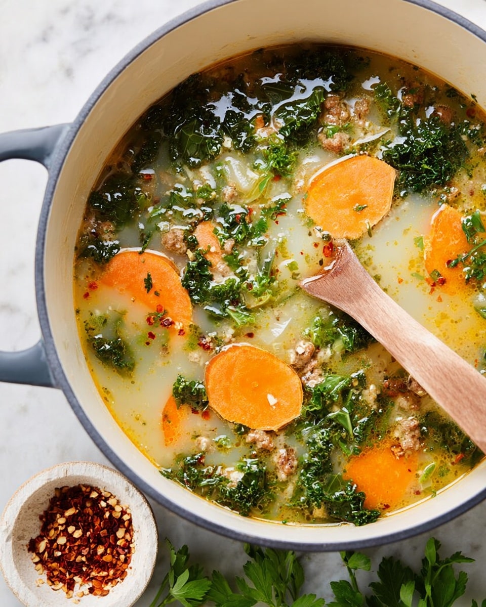 A white pot filled with a soup showing three main layers: the base broth is light yellow with oil droplets, mixed with small pieces of ground meat and chopped kale that add dark green spots throughout. There are several large slices of bright orange sweet potato floating on top, adding color contrast. A wooden spoon is partially submerged in the soup inside the pot. To the right, a small white wooden bowl contains red chili flakes, and fresh green parsley leaves are scattered on a white marbled surface. Photo taken with an iphone --ar 4:5 --v 7