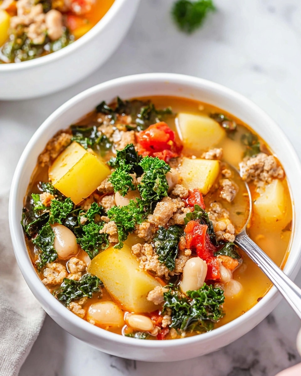 A white bowl filled with a colorful soup showing large yellow potato chunks, bright green kale leaves, small round white beans, red tomato pieces, and light brown cooked ground meat pieces all mixed in a clear light brown broth. A metal spoon is standing in the soup, and the bowl is placed on a white marbled surface with a part of a woman's hand visible at the edge holding the bowl. Another white bowl with the same soup is slightly visible in the background. photo taken with an iphone --ar 4:5 --v 7